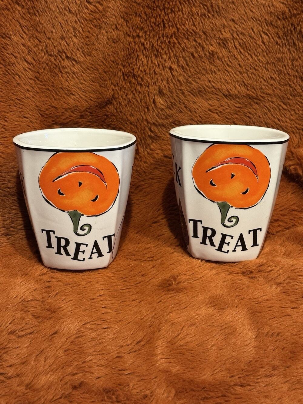 Rosanna China Halloween Coffee Mugs Trick Treat Hocus Boo Set of 2 Holiday White